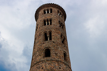 Image showing Romanesque cylindrical bell tower of countryside church