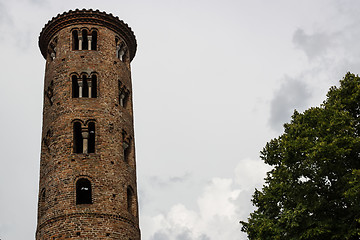 Image showing Romanesque cylindrical bell tower of countryside church