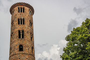 Image showing Romanesque cylindrical bell tower of countryside church