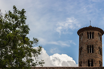 Image showing Romanesque cylindrical bell tower of countryside church