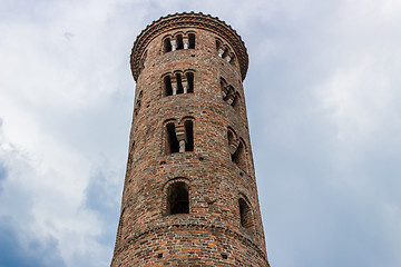 Image showing Romanesque cylindrical bell tower of countryside church