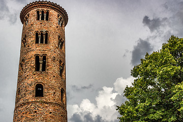 Image showing Romanesque cylindrical bell tower of countryside church