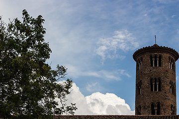 Image showing Romanesque cylindrical bell tower of countryside church