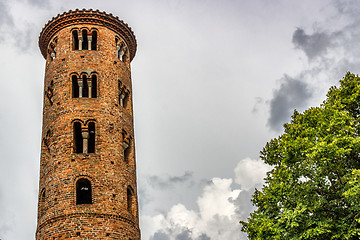 Image showing Romanesque cylindrical bell tower of countryside church