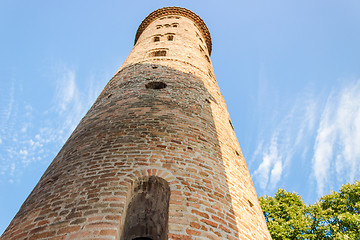 Image showing Romanesque cylindrical bell tower of countryside church