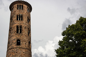 Image showing Romanesque cylindrical bell tower of countryside church