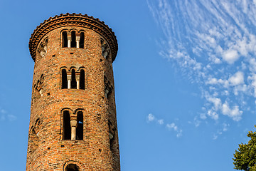 Image showing Romanesque cylindrical bell tower of countryside church