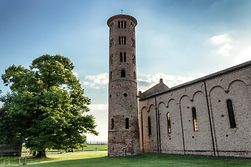 Image showing Romanesque cylindrical bell tower of countryside church