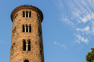 Image showing Romanesque cylindrical bell tower of countryside church