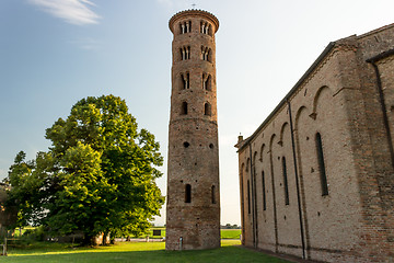 Image showing Romanesque cylindrical bell tower of countryside church