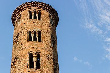 Image showing Romanesque cylindrical bell tower of countryside church