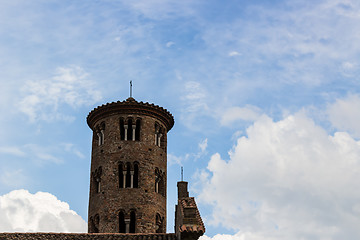 Image showing Romanesque cylindrical bell tower of countryside church