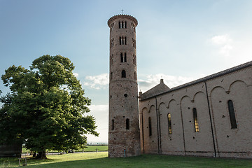 Image showing Romanesque cylindrical bell tower of countryside church