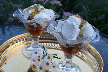 Image showing Swedish dessert with peach in Amaretto marinade