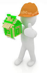 Image showing 3d architect man in a hard hat with thumb up with log house from
