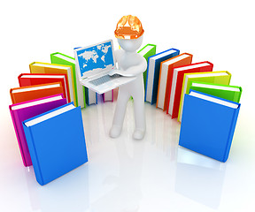 Image showing 3d man in hard hat working at his laptop and books 