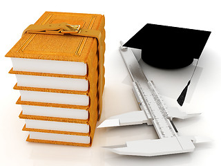 Image showing Vernier caliper, books and graduation hat. The best professional