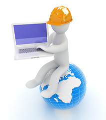 Image showing 3d man in a hard hat sitting on earth and working at his laptop