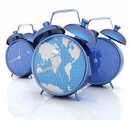 Image showing Alarm clock of world map and alarm clocks