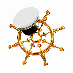 Image showing Marine cap on gold marine steering wheel 