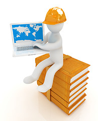 Image showing 3d man in hard hat sitting on books and working at his laptop 