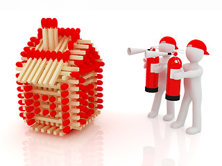 Image showing 3d man with red fire extinguisher and log houses from matches pa