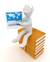 Image showing 3d man in hard hat sitting on books and working at his laptop 