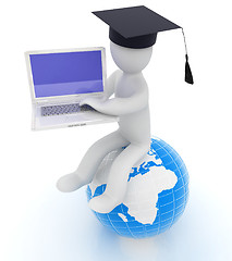 Image showing 3d man in graduation hat sitting on earth and working at his lap
