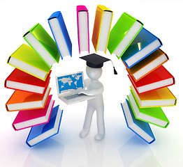 Image showing Colorful books like the rainbow and 3d man in a graduation hat w