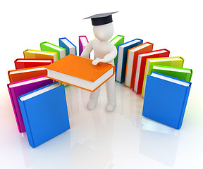 Image showing 3d white man in a graduation hat with useful books - best gift a