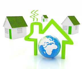 Image showing 3d green house, earth and icon house on white background 