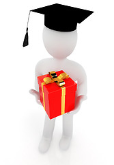 Image showing 3d man in graduation hat with gift on a white background