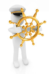 Image showing Sailor with gold steering wheel and earth. Trip around the world