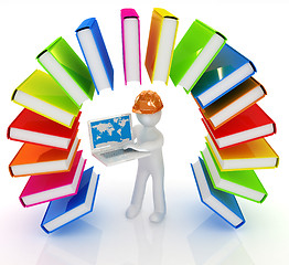 Image showing Colorful books like the rainbow and 3d man in a hard hat with la