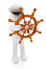 Image showing Sailor with wood steering wheel and earth. Trip around the world