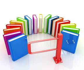 Image showing Colorful books in a semicircle and tourniquet to control. The co