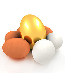 Image showing Eggs and gold easter egg