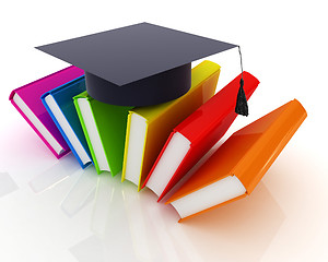 Image showing Colorful books and graduation hat 