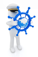 Image showing Sailor with steering wheel and earth. Trip around the world conc