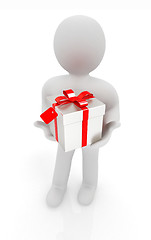 Image showing 3d man and gift with red ribbon