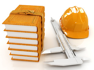 Image showing Vernier caliper, leather books and yellow hard hat 