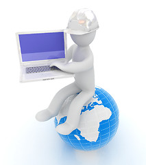 Image showing 3d man in a hard hat sitting on earth and working at his laptop