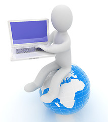 Image showing 3d man sitting on earth and working at his laptop 