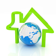 Image showing 3d green icon house, earth on white background 