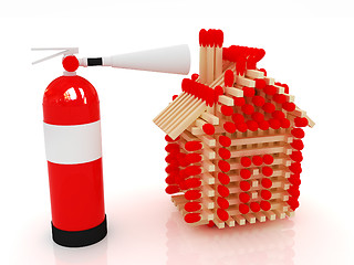 Image showing Red fire extinguisher and log house from matches pattern