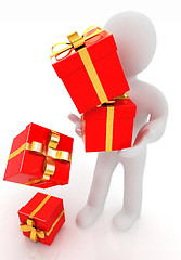 Image showing 3d man strawed red gifts with gold ribbon