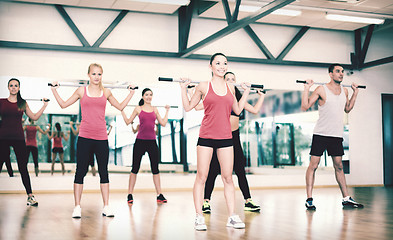 Image showing group of smiling people working out with barbells