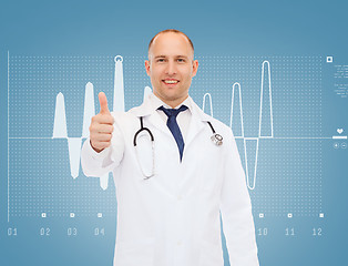 Image showing smiling doctor with stethoscope showing thumbs up