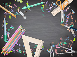 Image showing School supplies on blackboard background. EPS 10