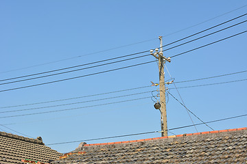 Image showing Power pole near roof